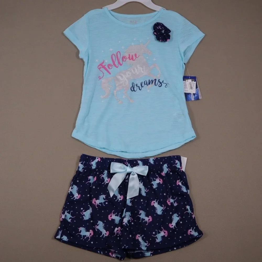 Max & Olivia Girls T-shirt and Shorts with Scrunchie 3 Pc Pajama‎ Set - Size L